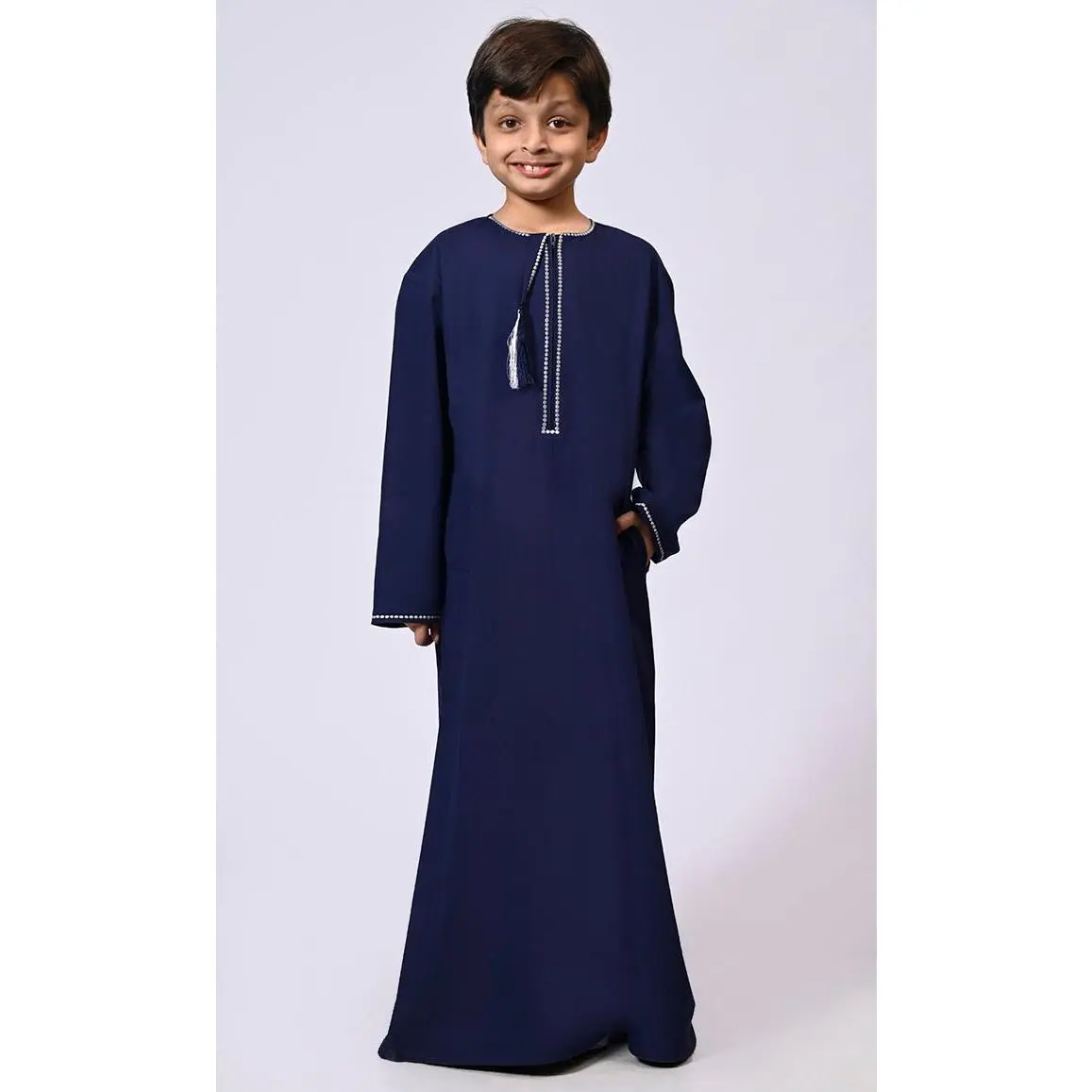 Sophisticated Navy Boy's Thobe: Front Zip Tassels and Dotted Embroidery Detailing