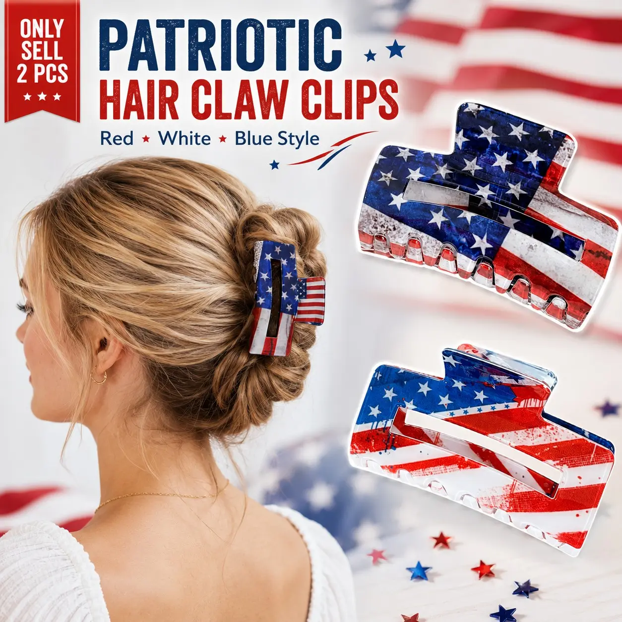 2 PCS American Patriotic Design Hair Claw Clip, 4th of July Hair Claw Clips for Women, Back-of-Head Updo Clip, and Festive Hair Accessory for Independence Day for Women Thick Thin Hair Independence Day Accessories Gift Fun Claw Clips