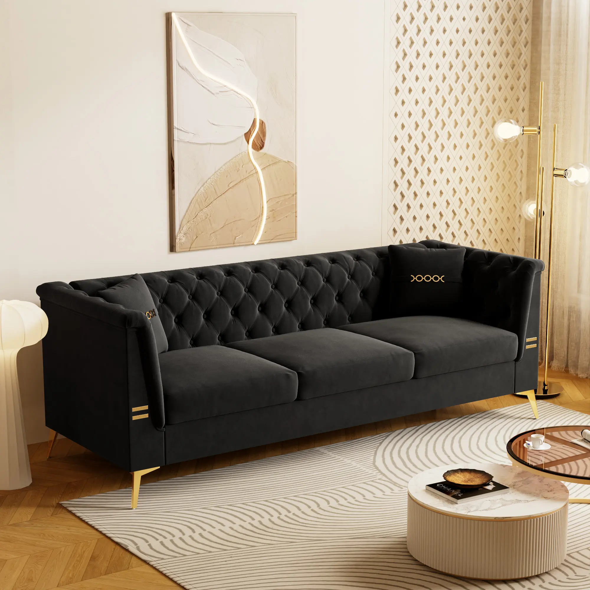 Cream Tufted Velvet 3-Seater Mid-Century Modern Classic Chesterfield Cushioned Sofa - High Arms, Gold Metal Legs, Removable Seats, 82.68" W x 30.51" D x 31.9" H, Decorative Sofa for Living Room, Assembly Required, Cushioned Sofas