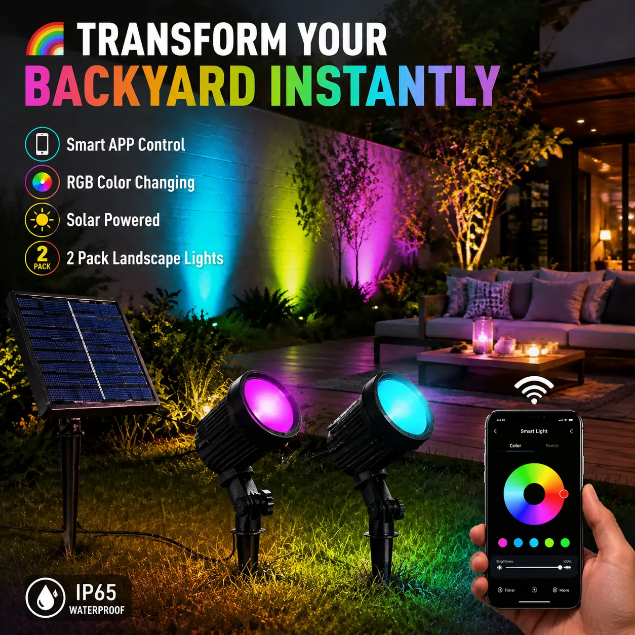 Smart RGB Solar Spotlights Outdoor, 2 Pack APP Controlled Color Changing Landscape Lights, Solar Garden Spotlights with Adjustable Beam for Backyard, Patio, Pathway, Wall & Party Decoration