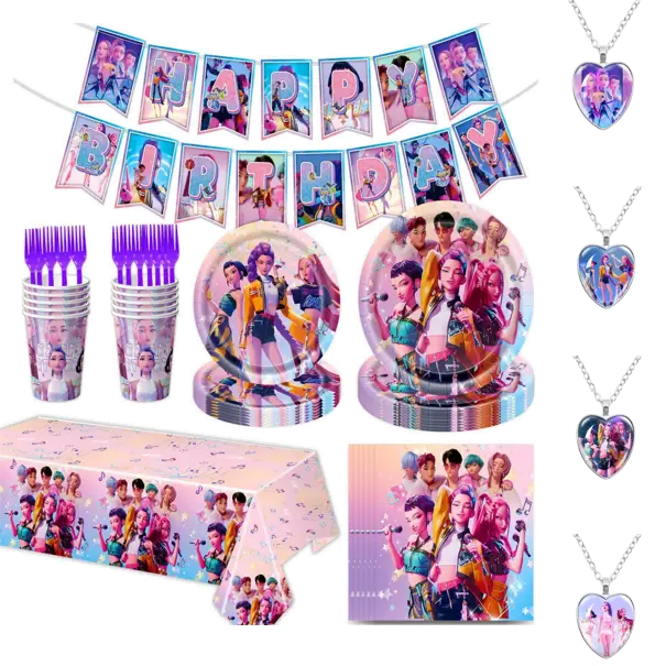 63-Piece Disposable Cutlery Set Birthday Party Set includes plates, napkins, forks, tablecloth, banner, and paper cups for a party fan surprise.