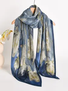 Women's Pleated Scarf, Elegant Floral Pattern Shawl, Casual Fashion Accessory, Multi-Functional Ruched Silk Scarf, All Seasons