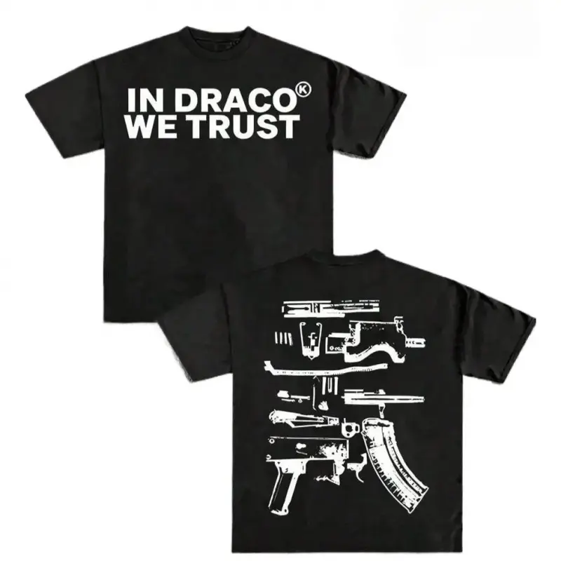 Which We Trust In Draco, Is Printed On Both Sides Of Firearms, A Must-Have Fashion Item For Inspirational Men, A Men's T-Shirt With Round Neck And Short Sleeves, Cotton Casual, Loose And Versatile, And A Must-Have For Outdoor Sports. Streetwear Menswear c