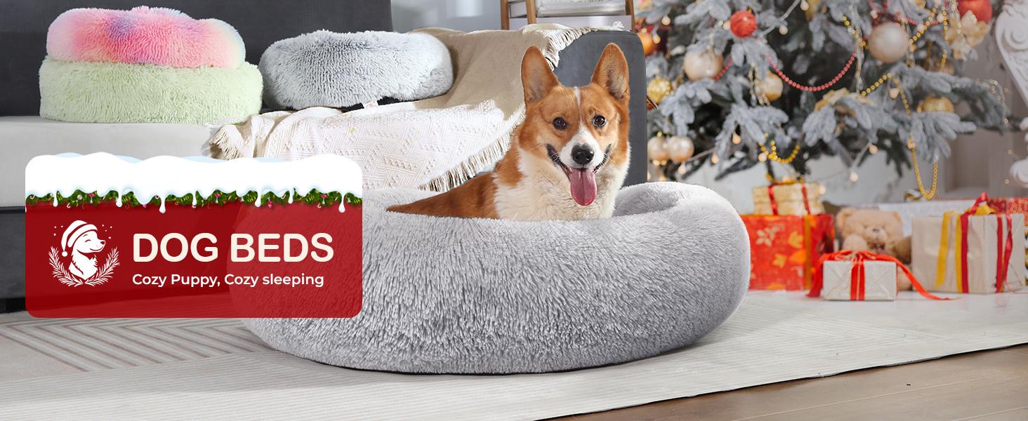 JOLLYVOGUE Small Dog Bed, Calming Soft Anti-Anxiety Donut Cat Bed, Washable Round Fluffy Cushion for Small and Medium Pets (20")