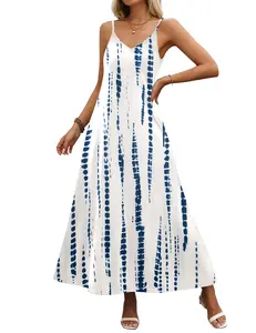 Womens Summer Maxi Dress Spaghetti Strap Casual Printed Boho Floral Beach Sundress Sleeveless V Neck Ankle Length Soft Stretchy - Womenswear