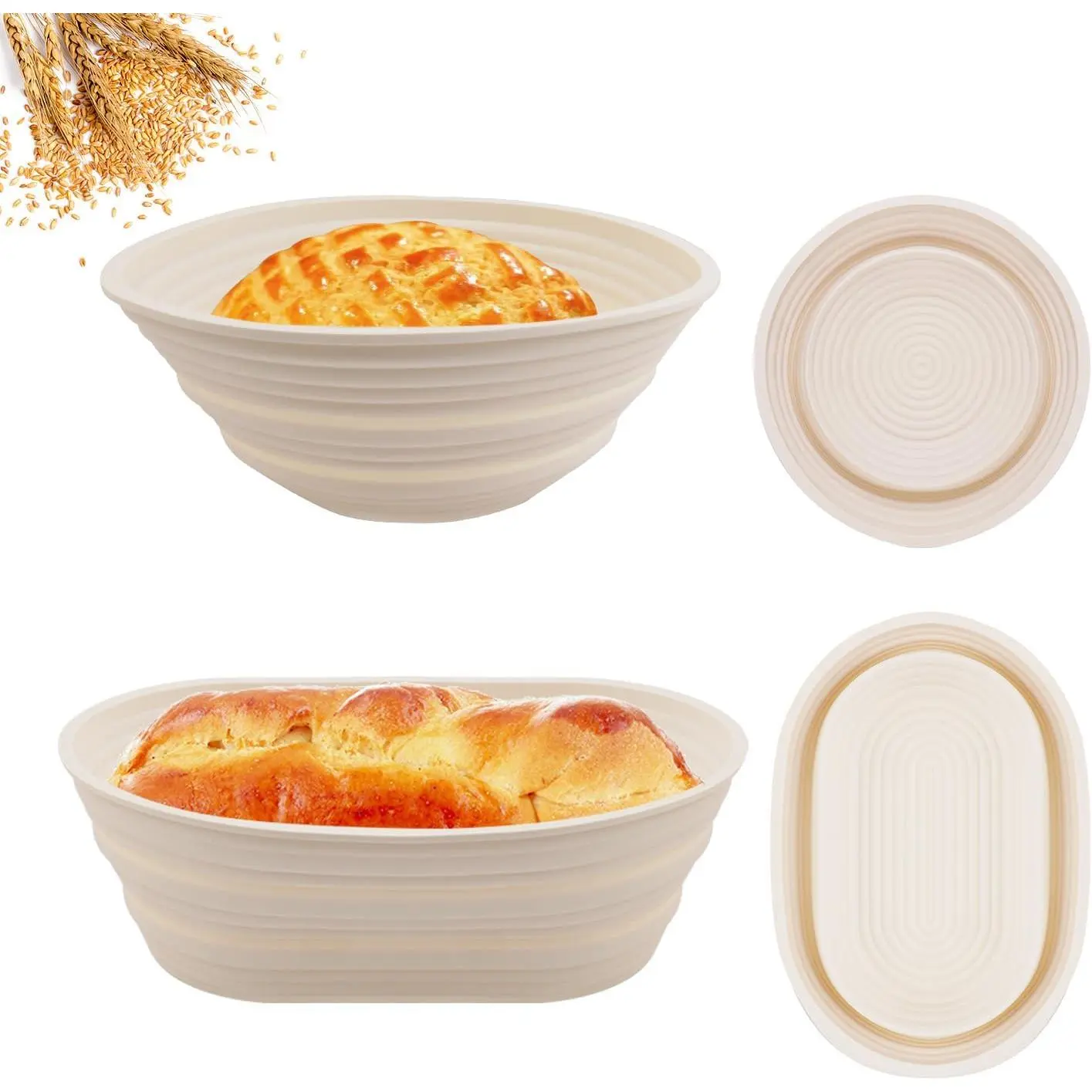 Sourdough Bread Baking Supplies Set of 2 Silicone Banneton Proofing Baskets 9 Inch Round &amp; 10 Oval Foldable Optimum Starter Kit (Beige)
