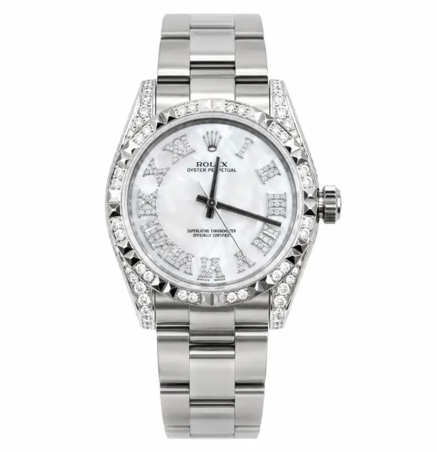 Rolex Oyster Perpetual 116000 36mm Automatic White Mother-of-Pearl Dial Stainless Steel Watch with Aftermarket Diamond Bezel WHT030574