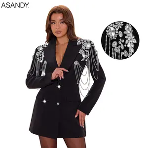 ASANDY Women's Black Oversized Long Sleeve Blazer Dress - Chic Double-breasted Party Mini Clothes, Style-focused with Rhinestone Crystal & Tassel Chain Shoulder Embellishments for Elegance