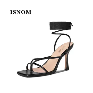 ISNOM Lace Up Heels Sandals for Women, Square Toe, Open Toe Thong, Stiletto Heels Design Footwear Leather #WeeklyDeals#SummerVibes #outdoorfun #tiktokshopmemorialday