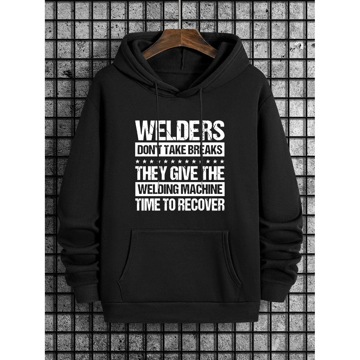 Welders Themed Hoodie Sweatshirt with Geometric Graphic Casual Knit Fabric Hooded Pocket Slight Stretch Regular Fit Fashionable Pullover Top