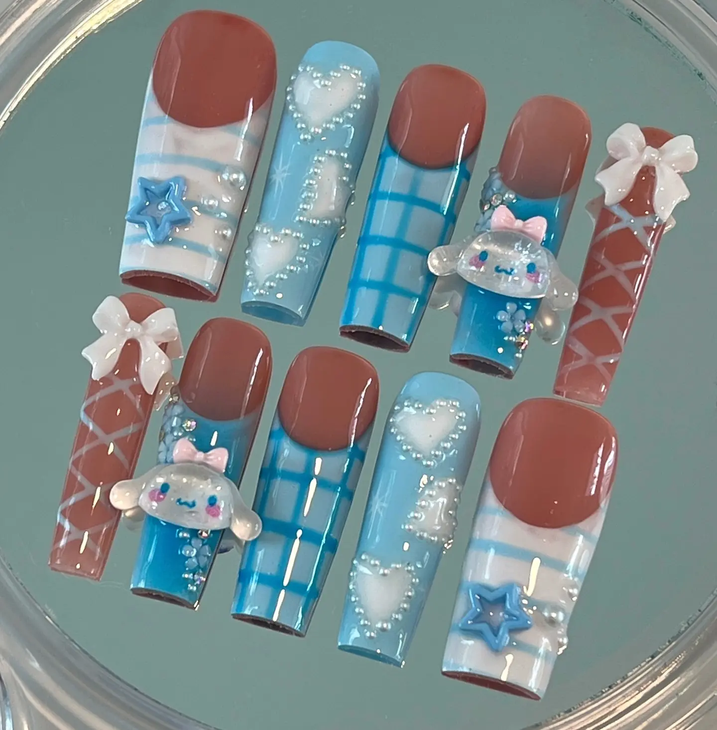 ICCinnamorollow Kawaii Press On Nails, Blue 3D Character Bow Rhinestone Handmade False Nails, Cute Pastel Nail Art Set | Free Adhesive Tabs Nail File Cuticle Stick  Nail Kit
