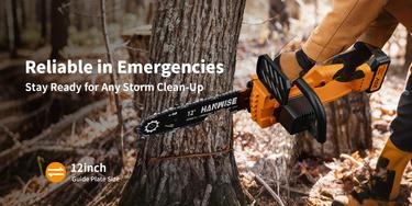 HANWISE 12 inch brushless electric chain saw features an enhanced handheld design with cordless and portable functions. It is very suitable for cutting wood, maintaining yards and gardens. It is an excellent gift choice for men and husbands.