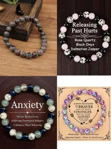 4 Piece Dainty Crystal Bracelet Set, Luck Healing Anxiety Relief, Rose Quartz Agate, Gift for Her, Fashion Artificial Bracelets