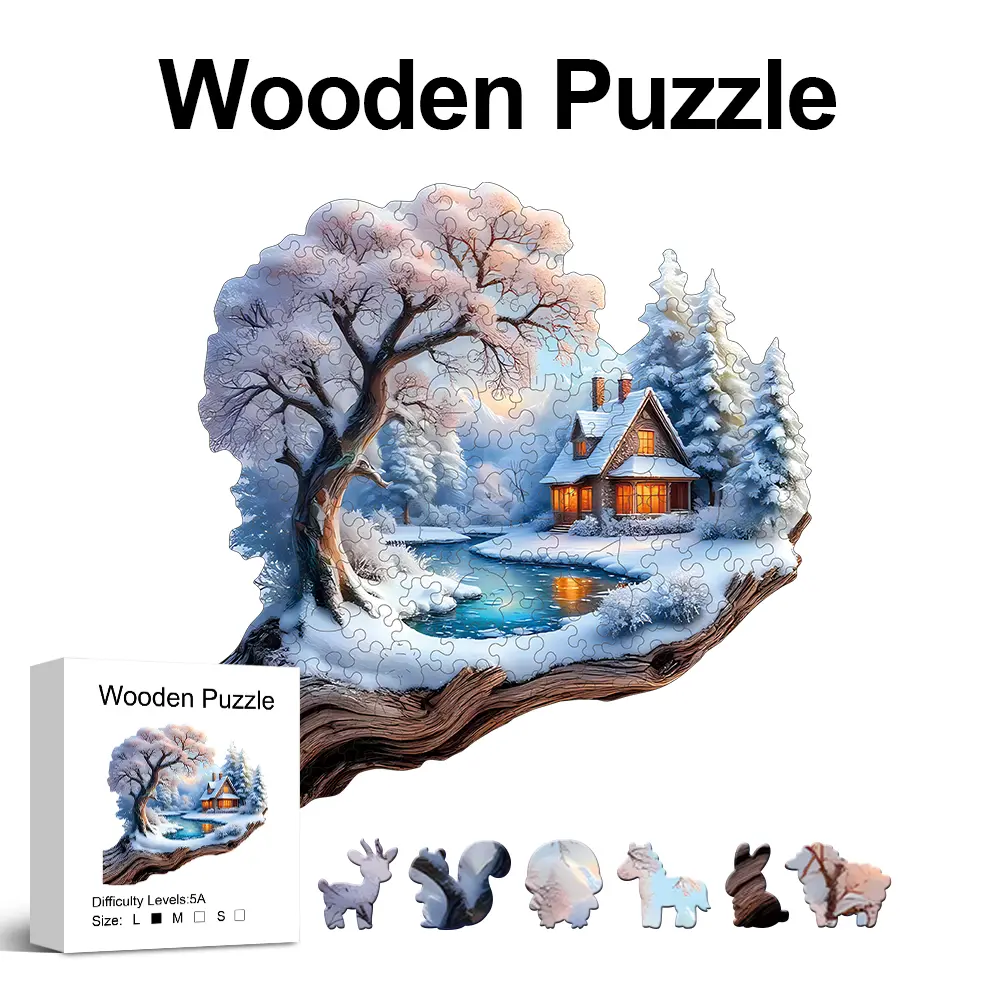 Winter Snow Scenery  Wooden Puzzle for Adults, Unique Shaped Pieces, Exquisite Gift Box, Brain Exercise, Room Decor, Holiday Gifts, Christmas Gift