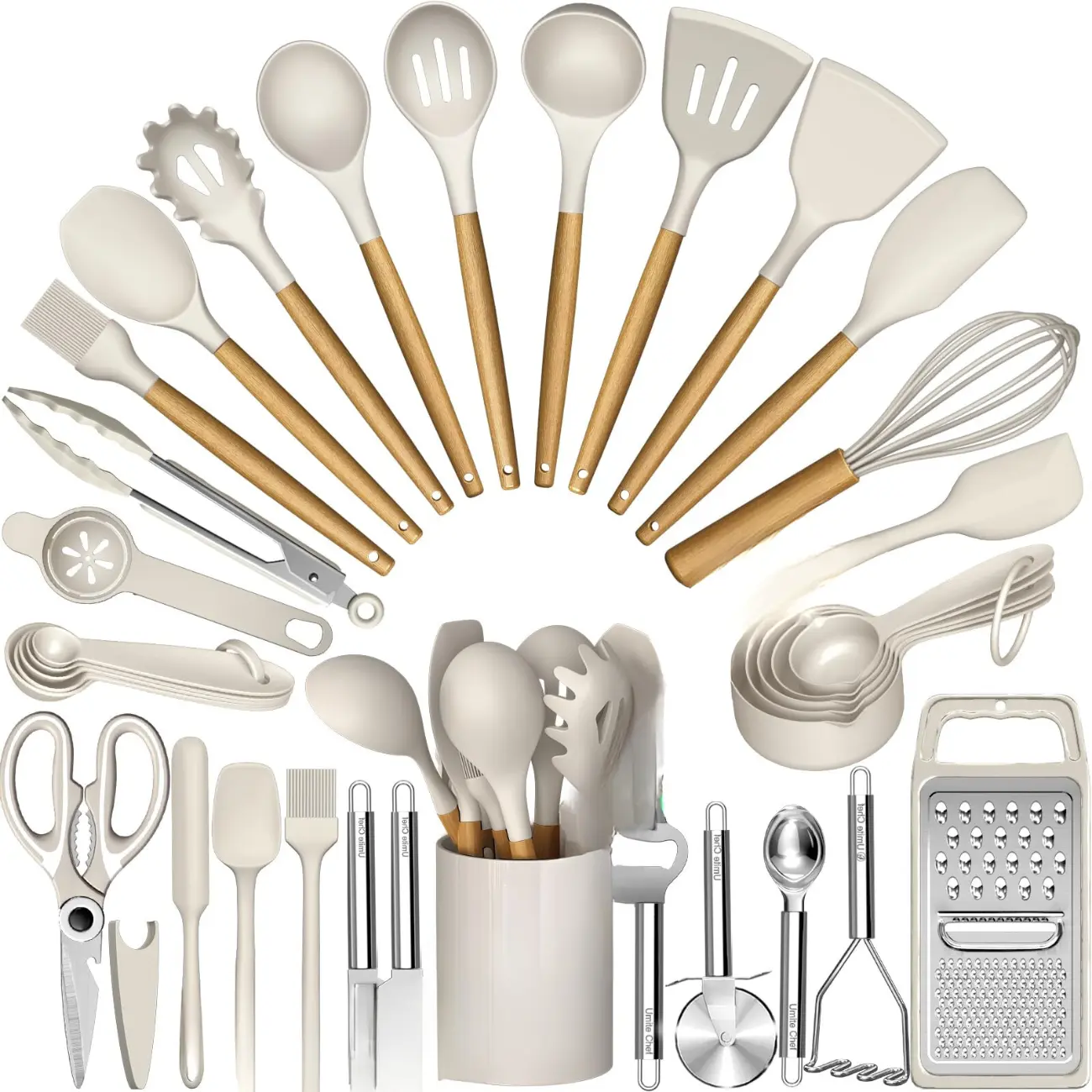 [New Deal] 34PCS Silicone Kitchen Utensil Set, Heat Resistant Kitchen Gadgets and Tools With Grater, Wood Handles for Nonstick Cookware Wooden Multicolor
