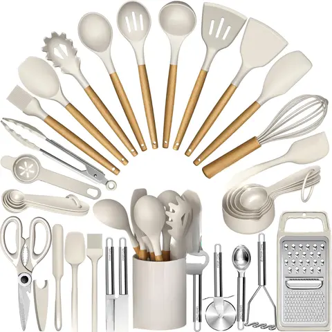 34PCS Silicone Kitchen Utensil Set, Heat-Resistant Gadgets with Wood Handles, Nonstick Cookware Tools, Includes Grater  Wooden Multicolor Spoons Set, Silicone Spatula Set, Nonstick Cooking Spoon