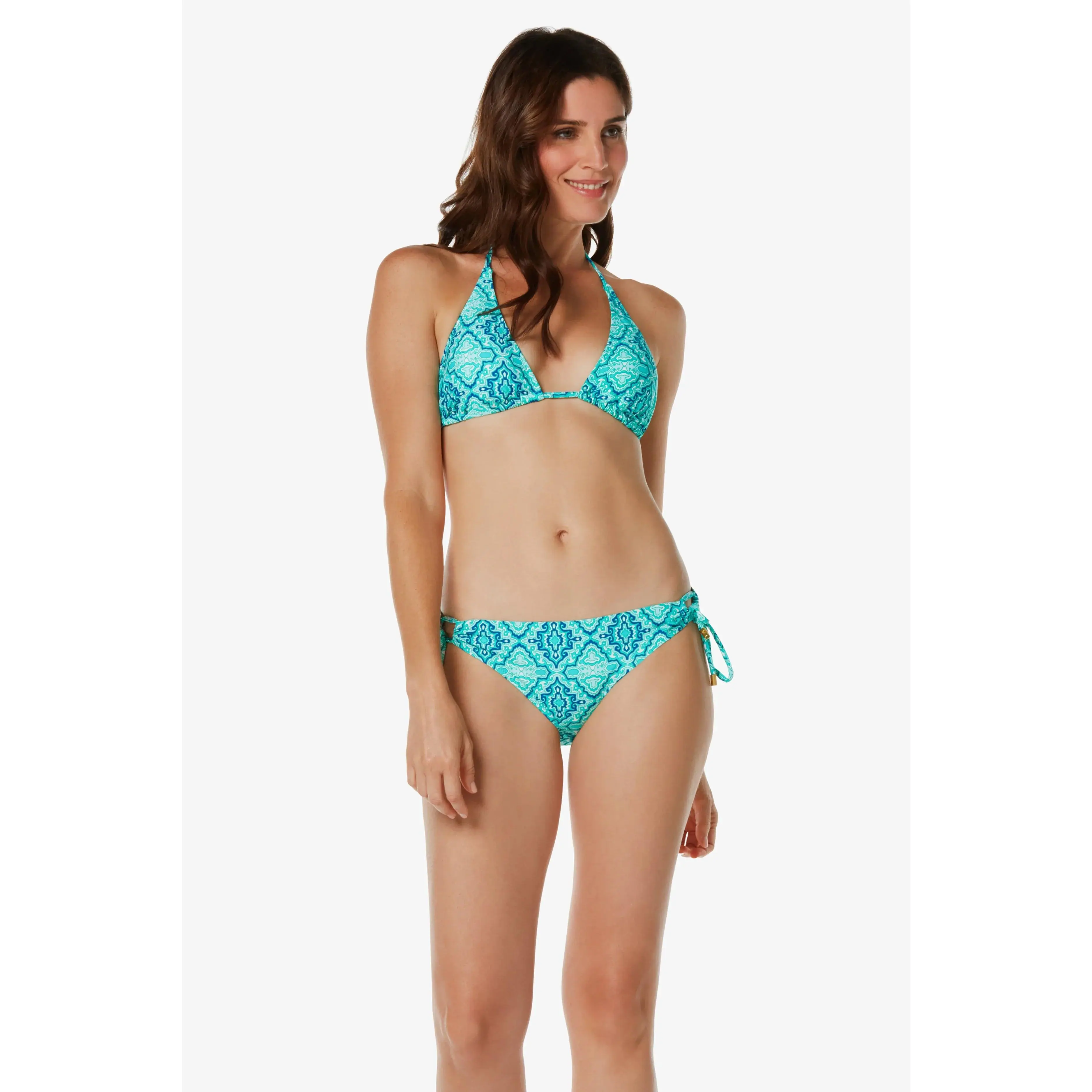 Tunnel Side Hipster Marbella Tile Bikini with Adjustable Side Ties & Gold End-Beads for Flattering Fit