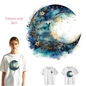 Moon and Stars DTF Heat Transfer Vinyl - DIY Clothing Iron-On Decal, Washable PVC Design for T-Shirts, Jeans, Hoodies, Backpacks, Creative Fashion Sticker, Pattern Only