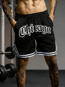 Men's Chicago Gothic Font Basketball Shorts, Workout Shorts, Retro Stripes, Mesh Quick-Dry Fabric, Mesh Gym Shorts, Drawstring Waist, Sporty Loose Fit, Lightweight Athletic Shorts, Summer Casual Wear
