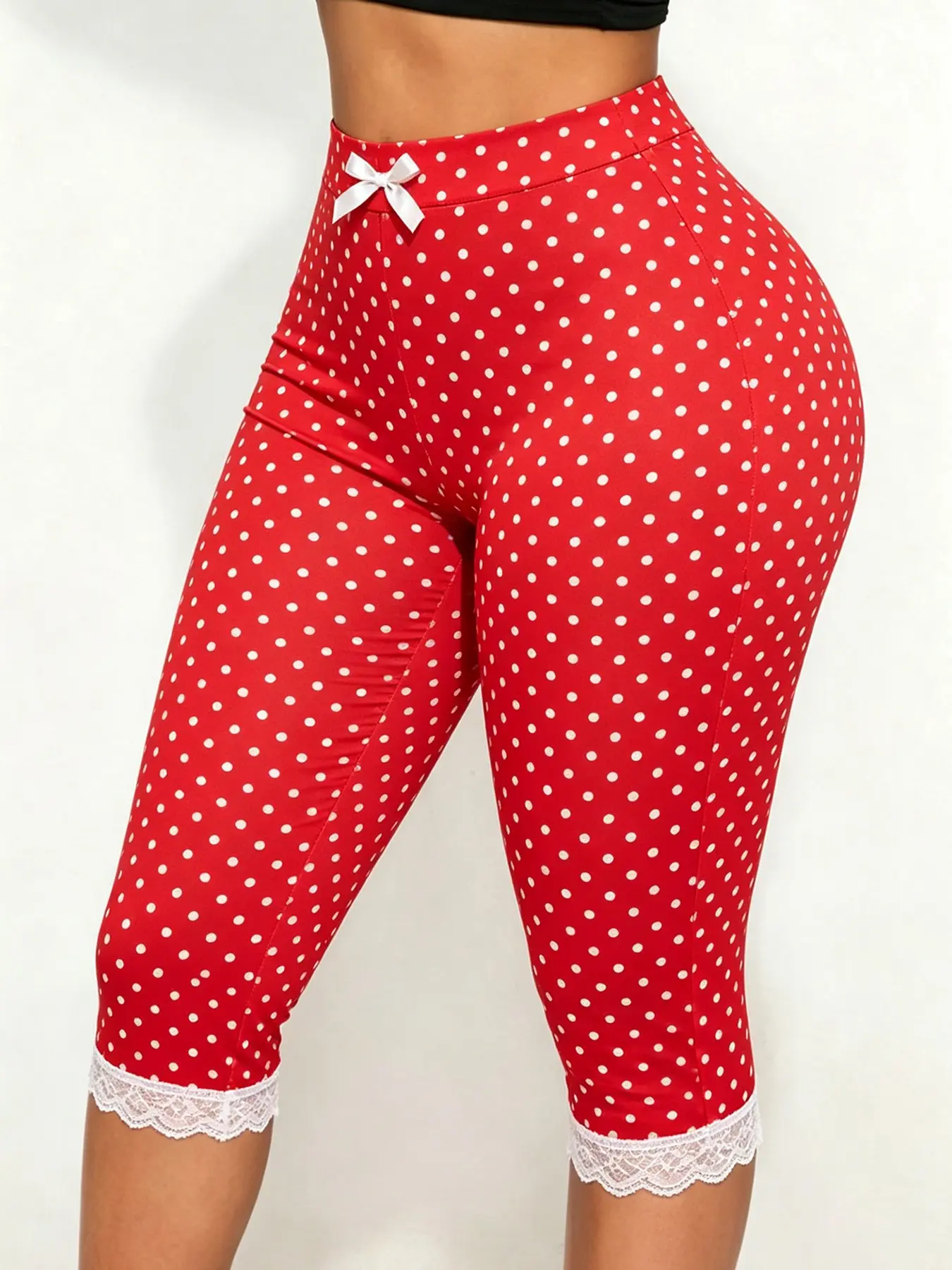 Polka Dot Capri Leggings, High Waist, Lace Trim, Bow Detail, Retro Aesthetic Vibe, Stretchy, Casual Loungewear, Everyday Wear, Women, Womenswear, Bottom