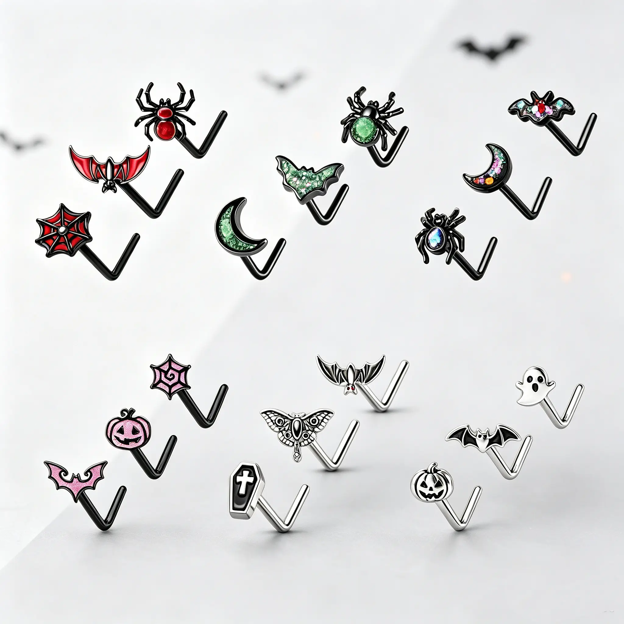 OUFER Eerie Halloween Vibe 20G 3PCS L-Shaped Nose Studs - Piercing Jewelry, Triple Nose Stud, Animal-Themed Body Jewelry for Spooky Season