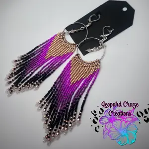 Purple Party Beaded Fringe Earrings,handmade beaded earrings,fringe, hoop and fringe