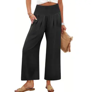 ANRABESS Womens Pants Wide Leg High Waisted Palazzo Pants Summer Flowy Beach Lounge Casual Trousers with Pockets Outdoor Bottom