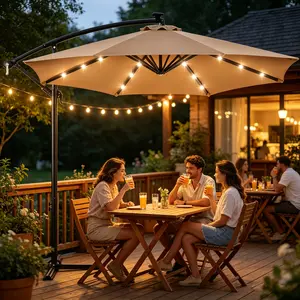 【SummerVibes】10ft Solar LED Cantilever Patio Umbrella, UPF50+ UV Protection Outdoor Offset LED Lighted Hanging Patio Outdoor Market Umbrella with Easy Tilt and Crank for Pool Deck & Garden-With Base