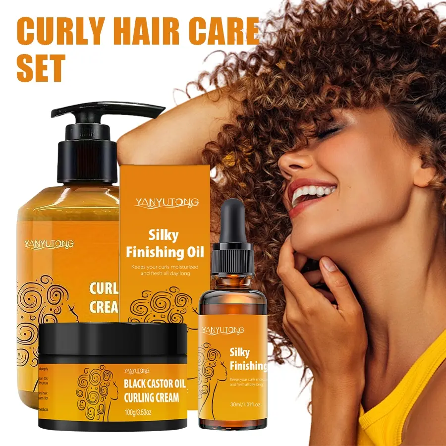 3-piece curly hair styling Haircare set, containing 280ml & 100g curly hair cream, 30ml styling essential oil, increasing hair shine and fluffiness, Shiny Curls, moisturizing, Hydrating hair deep care set suitable for wavy and curly, Hair Products