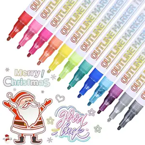 12 Color Double Line Outline Art Pen Marker, Metal Graffiti Pen, Self-Outline Metallic Pen Art Supplies for Writing Drawing Greeting Card Making, DIY Art Crafts, Easter Egg, Metal, Ceramic, Glass, Coloring Supplies, Holiday Gifts