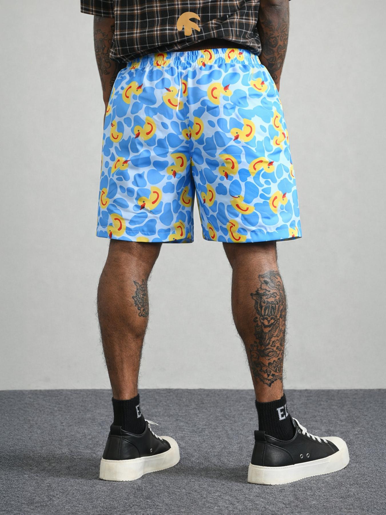 Swim Shorts for Men Funny Duck Print Drawstring Beach Trunks Cartoon Bathing Suit Novelty Board Shorts Mid Length Pool Party Vacation Beachwear Playful Resort Swimwear Casual Holiday Outfit