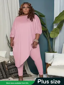 【Plus Size】 Women's Two-Piece Set Asymmetrical Hem Lantern Sleeve Top & Elastic Waist Pants, Casual Three Quarter Length Sleeve Boat Neck Top & Trousers for Daily Wear, Women's Two-piece Outfits for Fall & Winter, Clothes