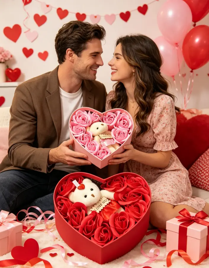 Heart-Shaped Rose Romantic Gift Box Set - Home Decor Gift Box with 10 Pieces Rose Soap & "I Love You" Bear Doll, Ideal for Couples Lovers, Wedding Anniversary