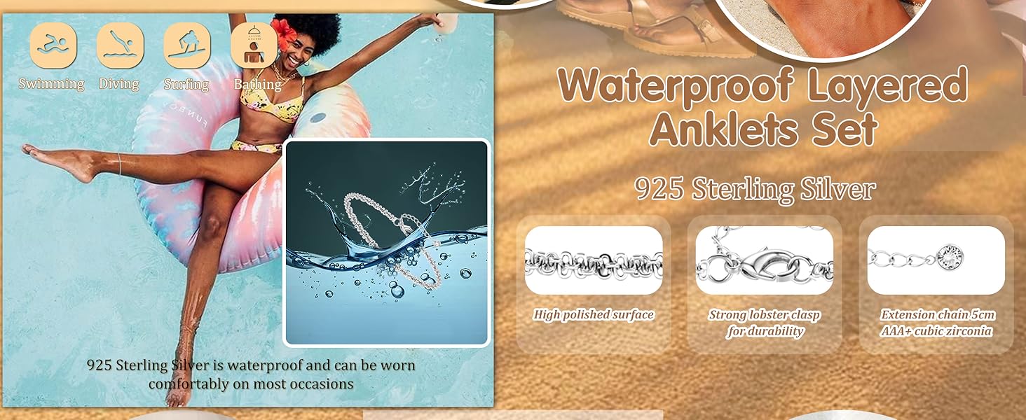 LOLIAS 925 Sterling Silver Ankle Bracelets for Women Gold Silver Anklet Adjustable Women's Anklets Waterproof Dainty Layered Anklet Set Ankle Chains Beaded Rope Link Beach Anklets for Women