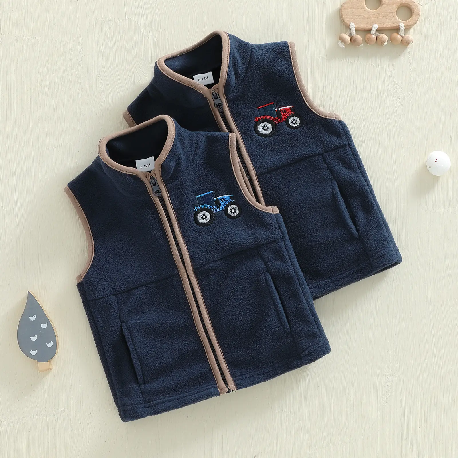 Toddler Boy Kids Fleece Winter Vest Warm Jacket Fall Outwear Vest Zip Up Tractor Embroidery Baby Infant Coat