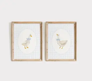 Goose Nursery Print Set, Vintage Goose Nursery Art, Baby Boy Nursery, Duck Gingham Nursery Decor Neutral, Coquette Goose Blue Bow Wall Art