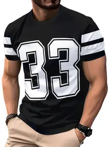 Men's Summer Baseball Shirt, Stylish Jersey, Lightweight Polyester Short Sleeve T-Shirt, 33 Number Design, Striped Sleeves, Casual Sportswear