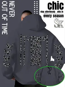 Men's Hooded Sweatshirt with Hummel Leopard Print Sparkle Logo, Sporty Wild Luxury Style, Fall Winter Casual Wear