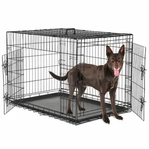 Black Double-Door Dog Crate, a Foldable Metal Pet Cage Featuring a Divider Panel And a Removable Tray, Designed for Both Indoor And Outdoor Use with a Convenient Handle