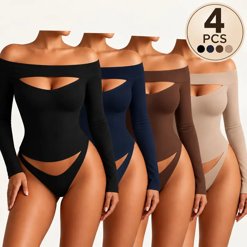 ASANDY 4Pcs Women's Lady Off-Shoulder Seamless Bodysuit - Buttery-Soft 4-Way Stretch Skinny Spandex Fabric, Long Sleeve Basic Style Essential Top, Ideal for Yoga, Clubbing, Lightweight Sporty Chic Athletic Piece