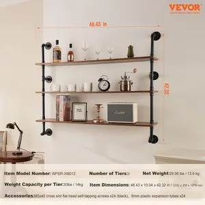 VEVOR Industrial Pipe Shelf, 3 Tier 48x9.84in, Wall-Mount Floating Rustic Wood Shelves Bracket Display Bookshelf, Storage Rack Sundries Holder for Kitchen Bedroom Bathroom Living Room, Black