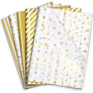 120 Sheets Gold Tissue Paper Bulk Gold White Graduation Tissue Paper with Dots Stripes Design for Gift Bags DIY Arts Crafts Wedding Baby Shower Decoration, 14 x 20 Inch