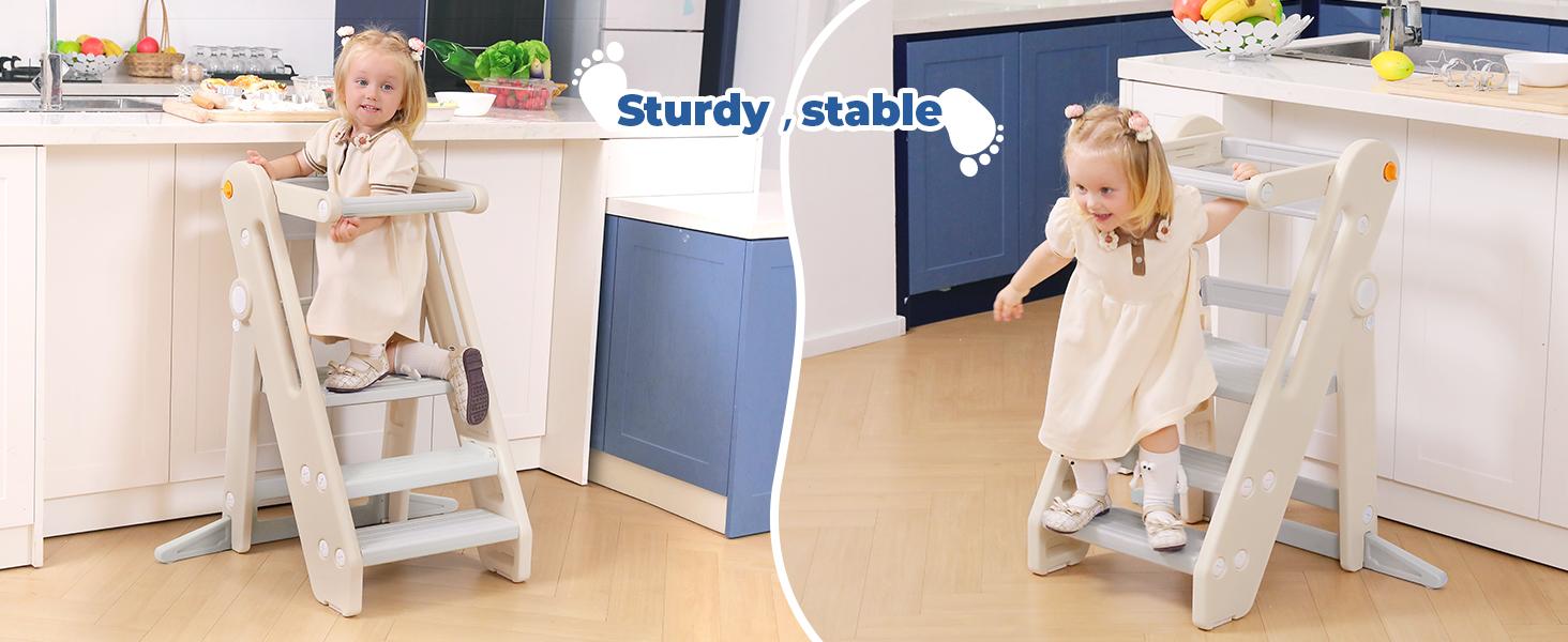 Dripex Toddler Tower Kitchen Stool Helper, Foldable & Adjustable Height Kids Learning Stool for Kitchen Counter Bathroom Sink, Child Ladder for Toddlers with Handles, Safty Rail, Non-Slip Pads