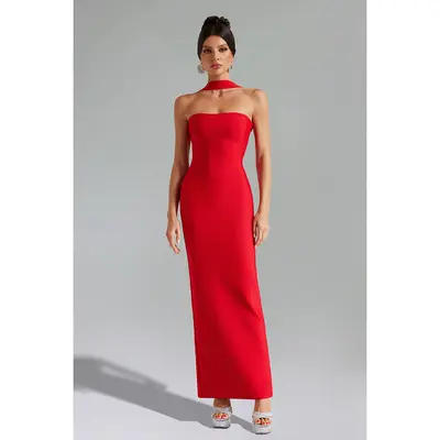 norma kamali red strapless dress Norma Kamali Diana Strapless Ruched Midi Dress In Red