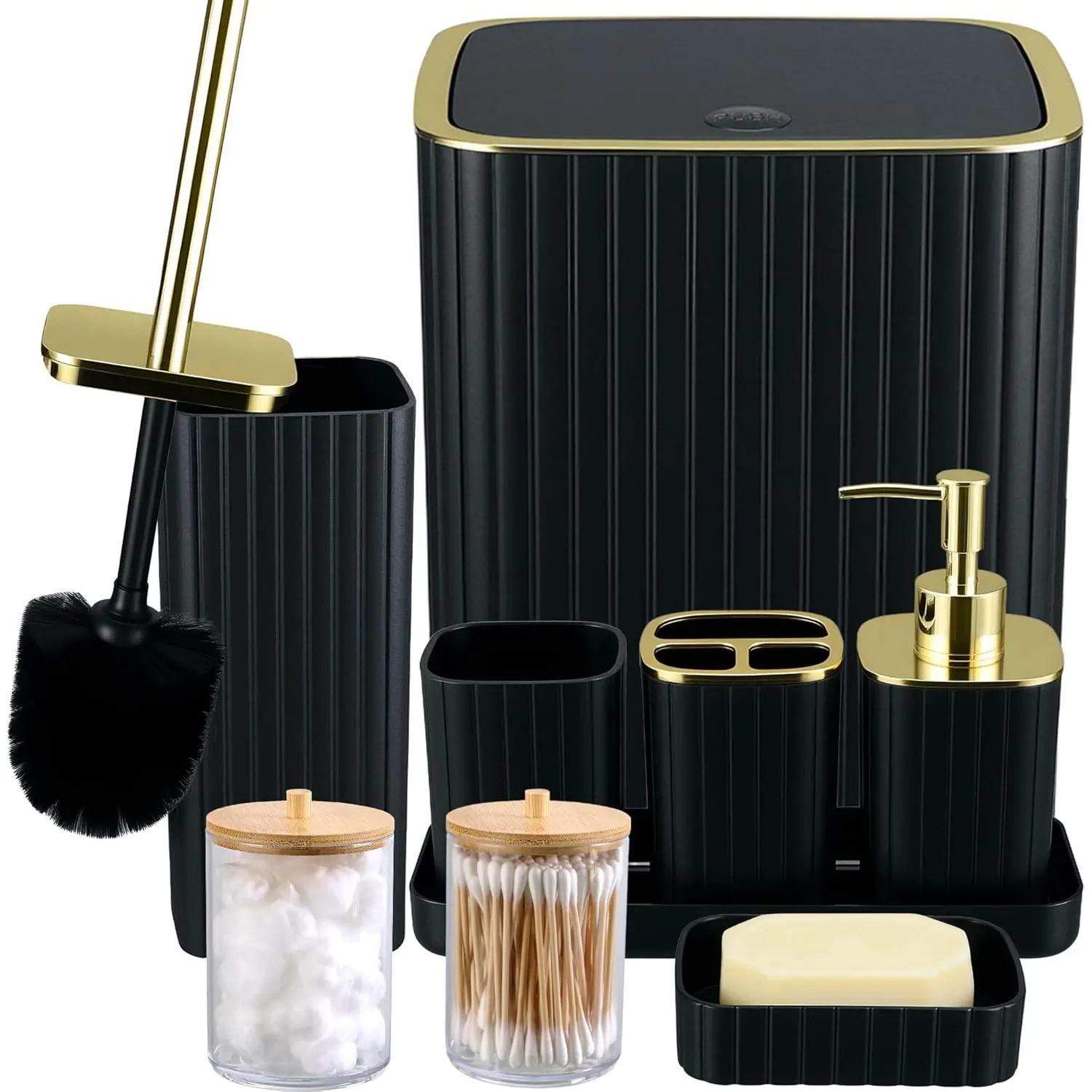 Bathroom Accessories Set-9PC Set with Toilet Brush, Trash Can, Soap Dispenser, Q-Tip Holder| Modern Home Bath Essentials (Black, Bath Set)