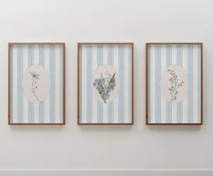 Vintage Blue Stripes Floral Prints | Blue Stripes and Wildflowers Poster Set of 3 | Watercolor Botanical Art Trio Prints for Home Decor Frames Glossy