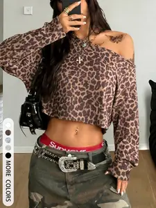 Women's Loose Fit Asymmetrical Shoulder Long Sleeve Top, Casual Tree Leopard Print, Comfortable Soft Fabric, Spring & Fall Fashion, Womenswear