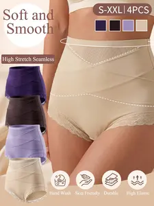 4-piece set of all-season simple solid color mesh shaping leggings for women, breathable hip-lifting shaping invisible underwear, lace trim stitching, cross-body shaping style