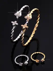 Exquisite 18k Plated Copper Zircon Jewelry Set, Lucky Flower Shape Open Bracelet & Ring, Sparkling Bangle Ring for Daily Wear