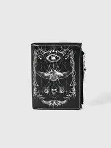 Gothic Dark Unisex Bifold Wallet, Punk Eye Skull Insect Skeleton Vine Geometric Sun Moon Crystal Design, Casual Fashion Card Holder